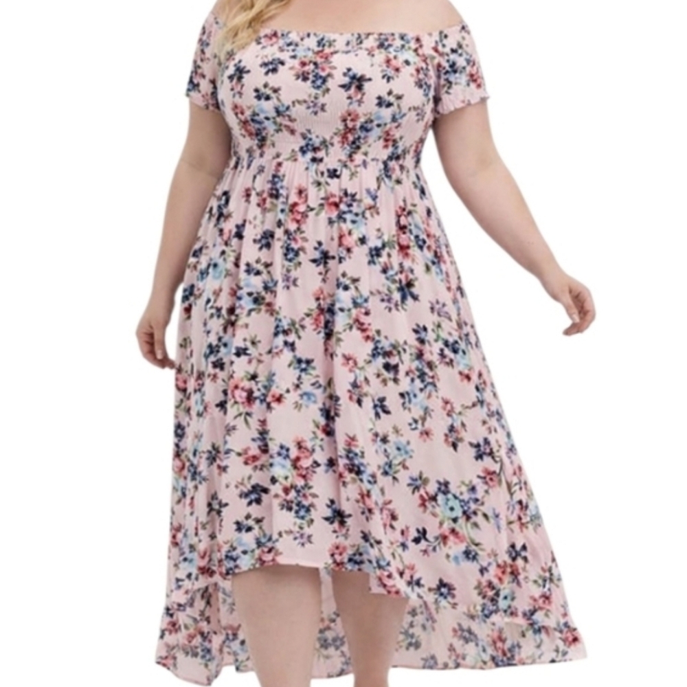 Torrid Pink Floral‎ Smocked Gauzy Off The Shoulder Dress 2X Cottagecore Romantic
